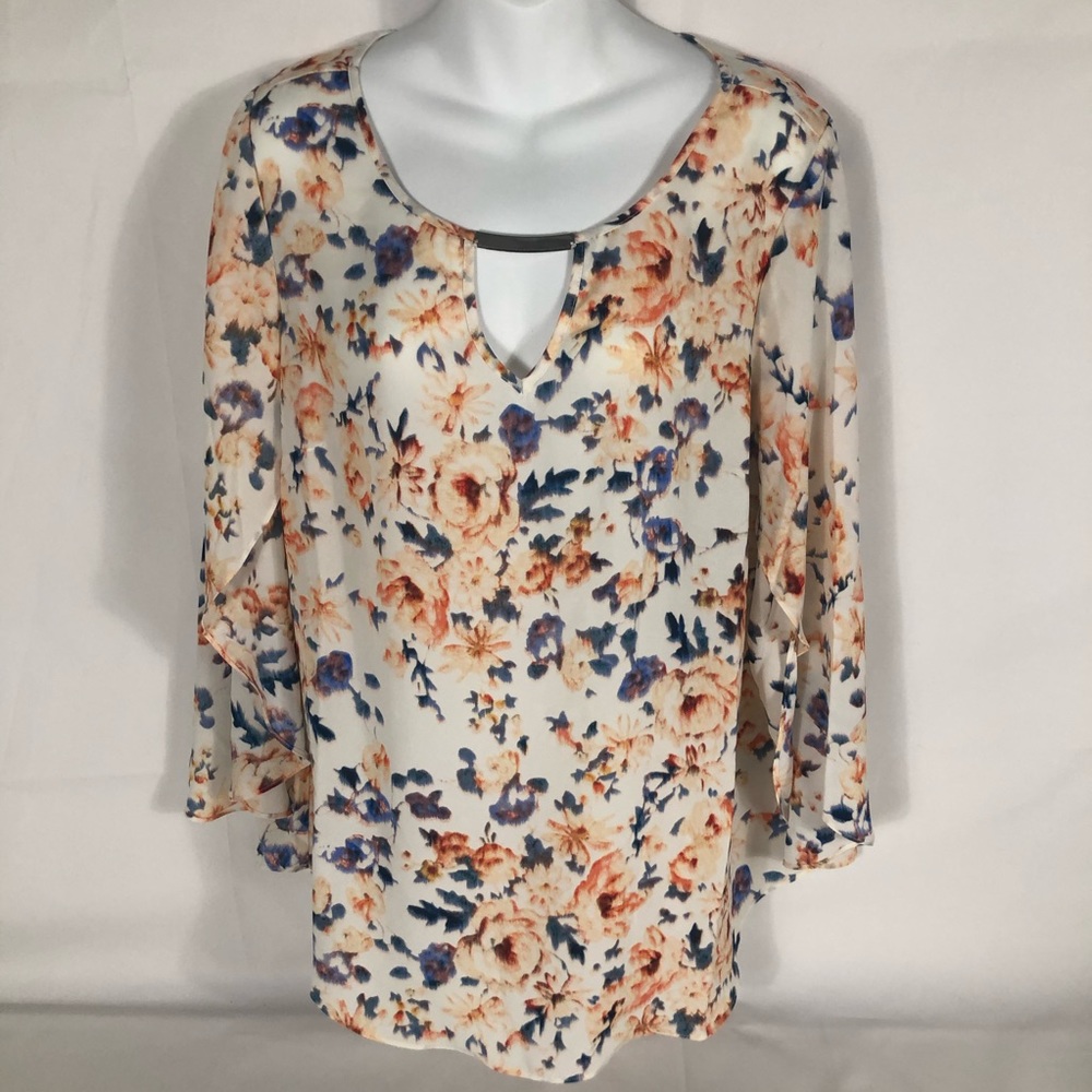 Zac & Rachel Blouse Womens Large Floral Flowers Watercolor Keyhole